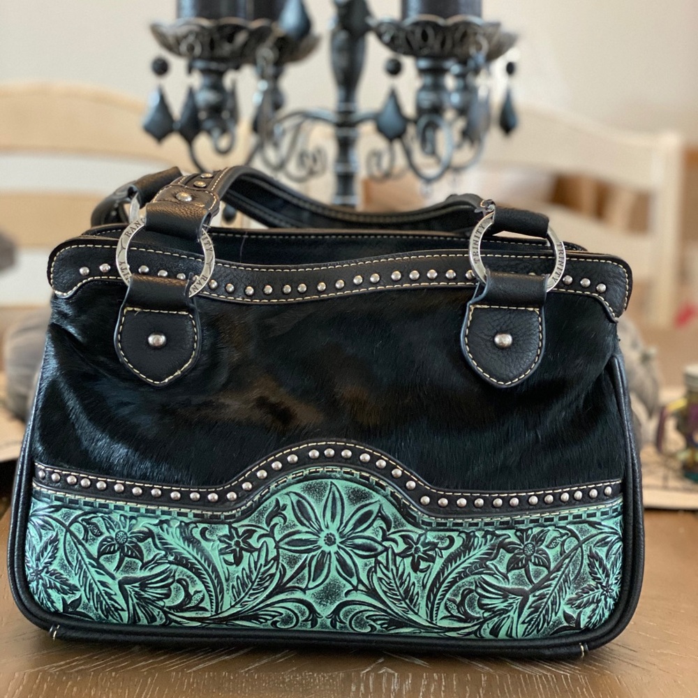 Black pony fur & leather Trinity Ranch Handbag